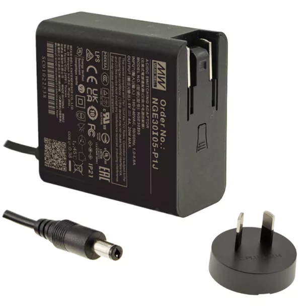 MEAN WELL NGE30I12-P1J Wall Adapter 30W 12V 2.5A 2.1mm DC Jack with AU Plug